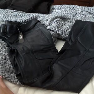 Black Faux Leather Cargo Pants